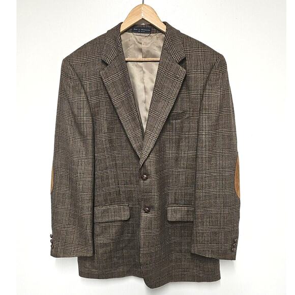 VTG Glen Check Plaid Lambswool Blazer Mens 42L Academia Elbow Patch Professor - Picture 1 of 11